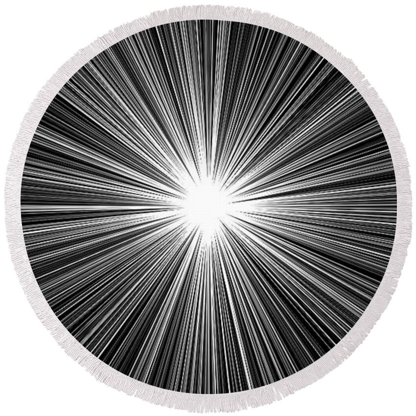 Abstract Round Beach Towel featuring the digital art Celestial Sunburst Digital Art 1 Black and White by Ricardos Creations