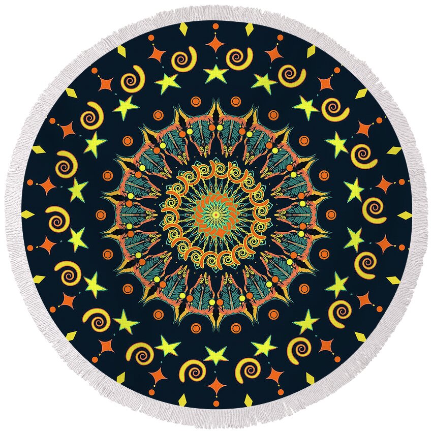 Abstract Round Beach Towel featuring the digital art Celestial Yayas by Ronda Broatch