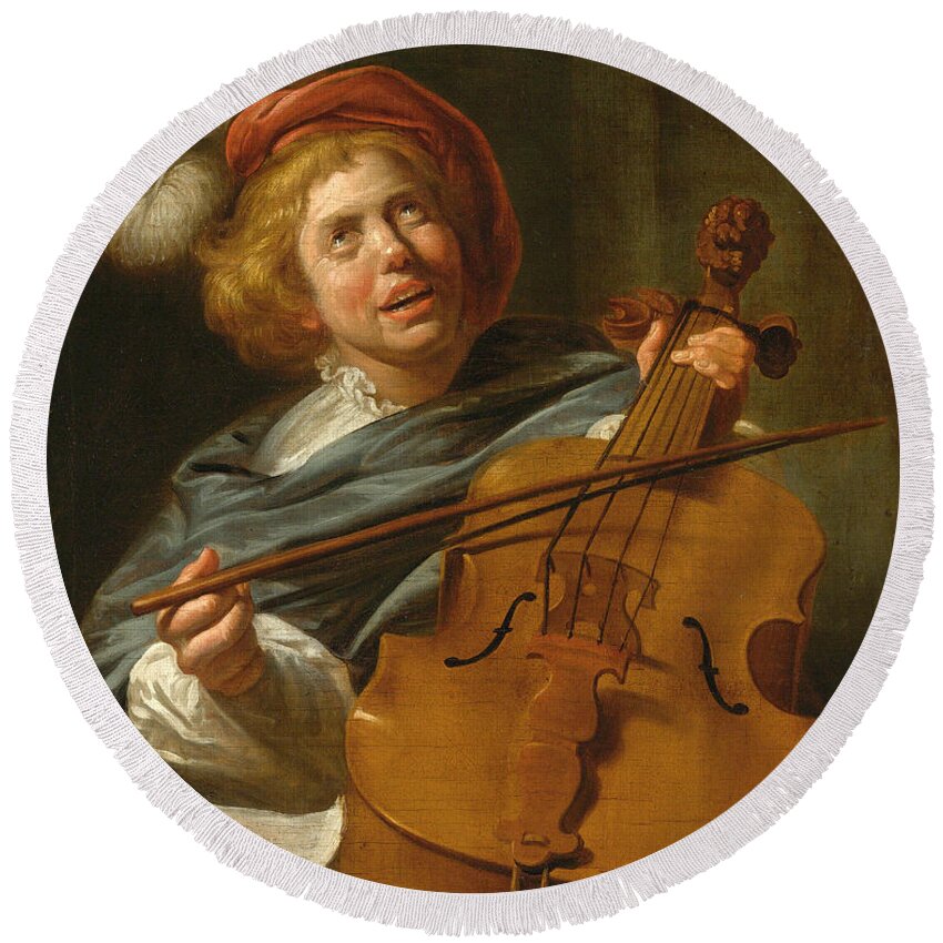 Judith Leyster And Studio Round Beach Towel featuring the painting Cello Player by Judith Leyster and Studio
