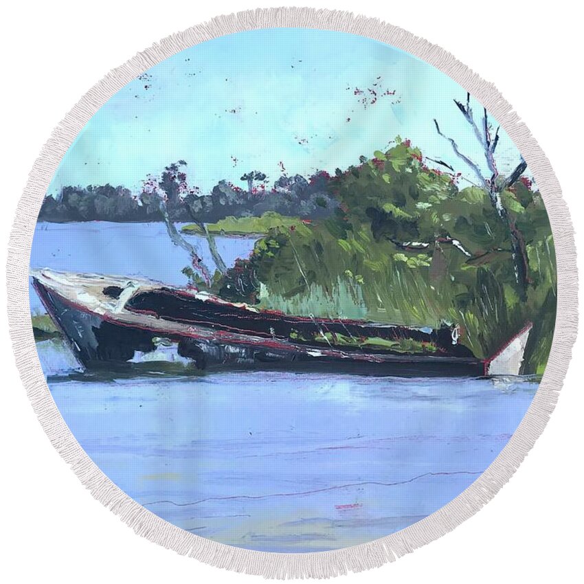 Impressionism Round Beach Towel featuring the painting Cement Boat by Maggii Sarfaty