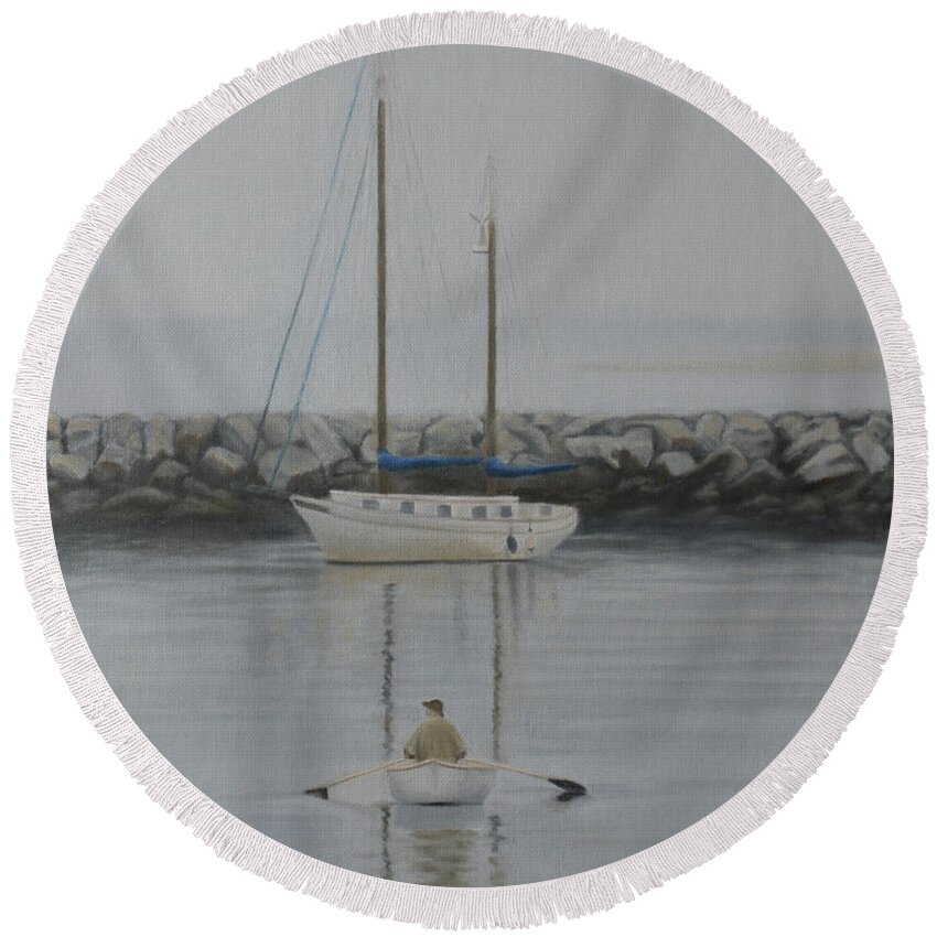 Fishing Boat; Fisherman; Harbor; Cape Cod; Stone Wall; Serenity; Contemplation; Water Round Beach Towel featuring the painting Centering Prayer by Marg Wolf
