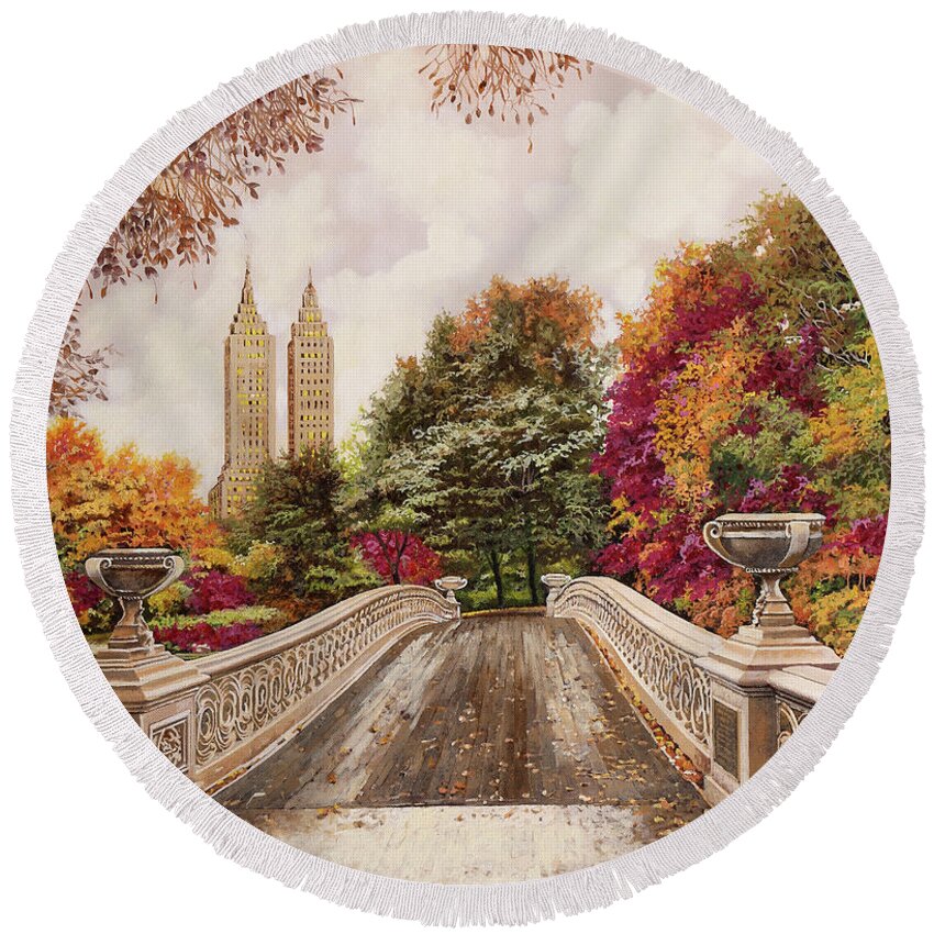 New York Round Beach Towel featuring the painting Central Park by Guido Borelli