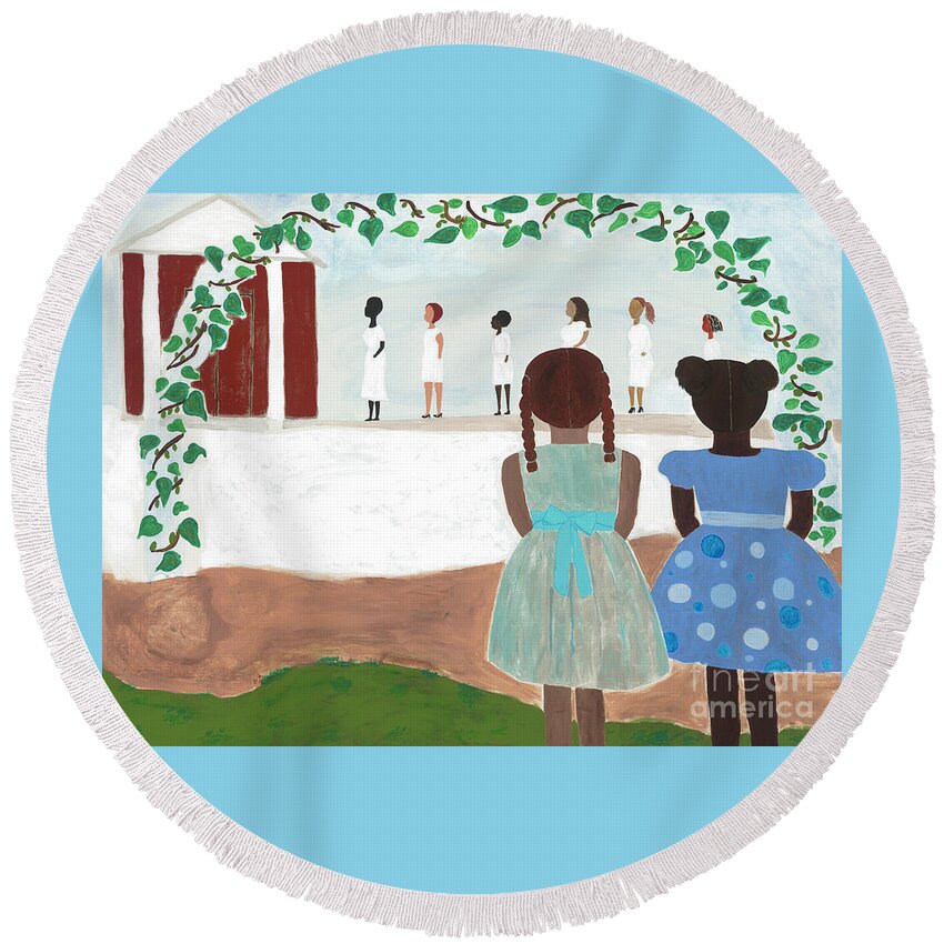 African American Round Beach Towel featuring the painting Ceremony in Sisterhood by Kafia Haile