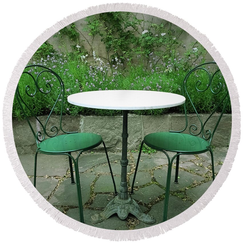 Chair Round Beach Towel featuring the photograph Chairs and table in a magic summer garden by GoodMood Art