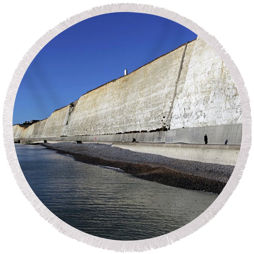 Chalk Cliffs Peacehaven East Sussex England Uk English Coast Sea Water Calm Round Beach Towel featuring the photograph Chalk Cliffs Peacehaven East Sussex England UK by Julia Gavin