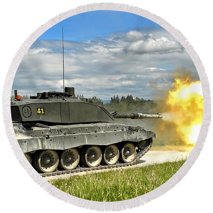 Armoured Fighting Vehicles (afv) Round Beach Towel featuring the photograph Challenger Firing by Roy Pedersen