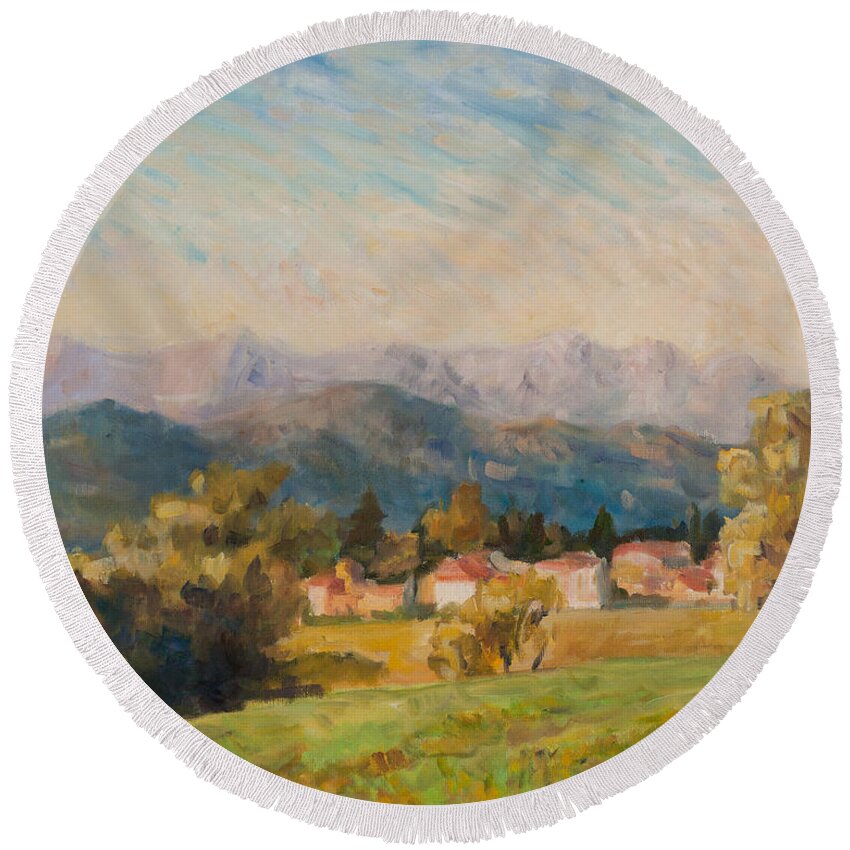 Landscape Round Beach Towel featuring the painting Changing light triptic part 1 by Marco Busoni