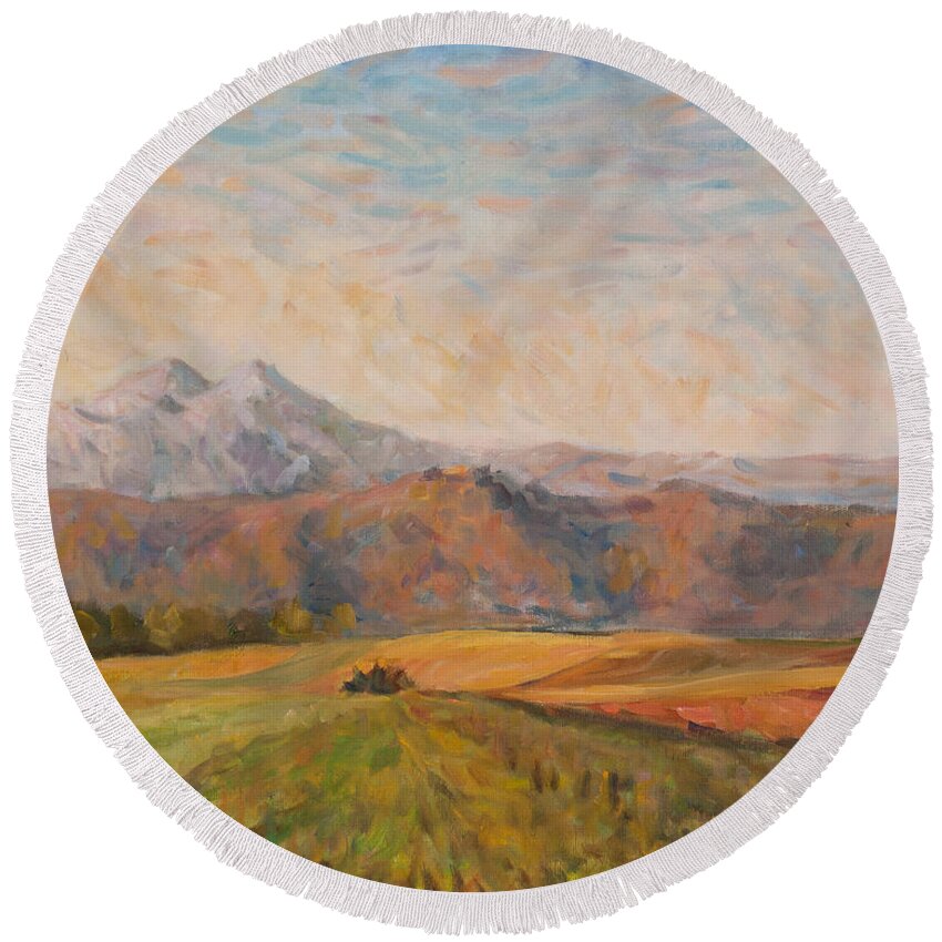 Landscape Round Beach Towel featuring the painting Changing light triptych part 2 by Marco Busoni