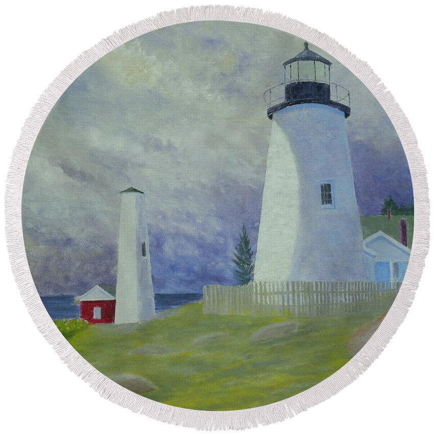 Seascape Landscape Lighthouse Storms Clouds Round Beach Towel featuring the painting Changing Weather 2 by Scott W White