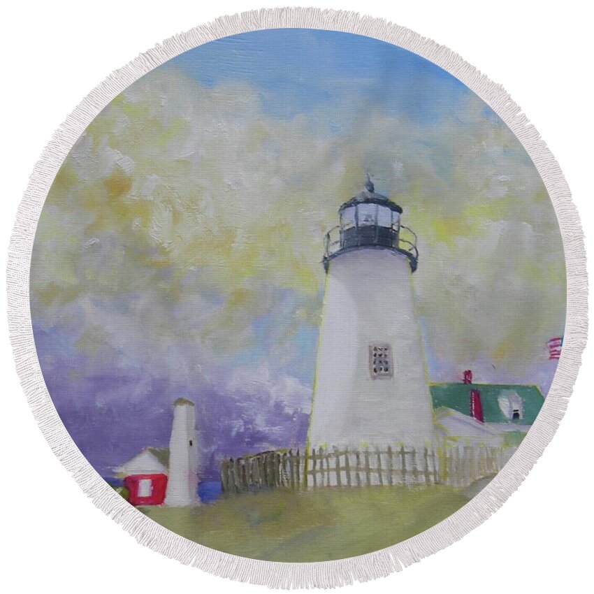 Landscape Lighthouse Clouds Pemaquid Round Beach Towel featuring the painting Changing Weather Beauty by Scott W White