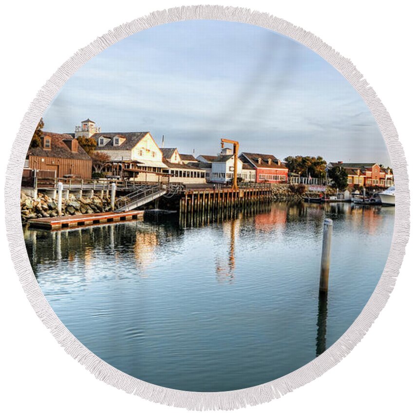 Lighthouse Water Reflections Oxnard California Boats Docks Round Beach Towel featuring the photograph Channel Island Marina three by Wendell Ward