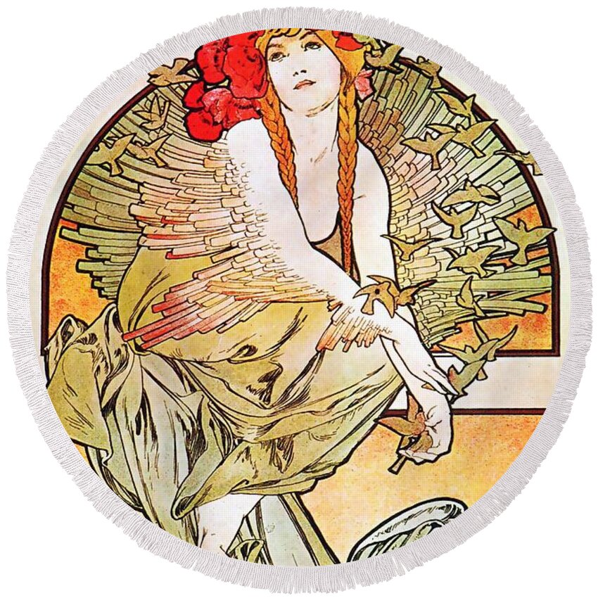 Alphonse Mucha Round Beach Towel featuring the painting Chansons D'Aieules by Alphonse Mucha