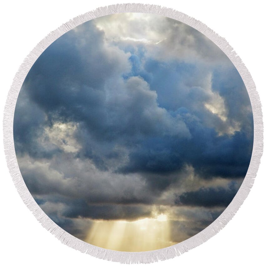 Ominous Round Beach Towel featuring the photograph Celestial Light by Adele Aron Greenspun