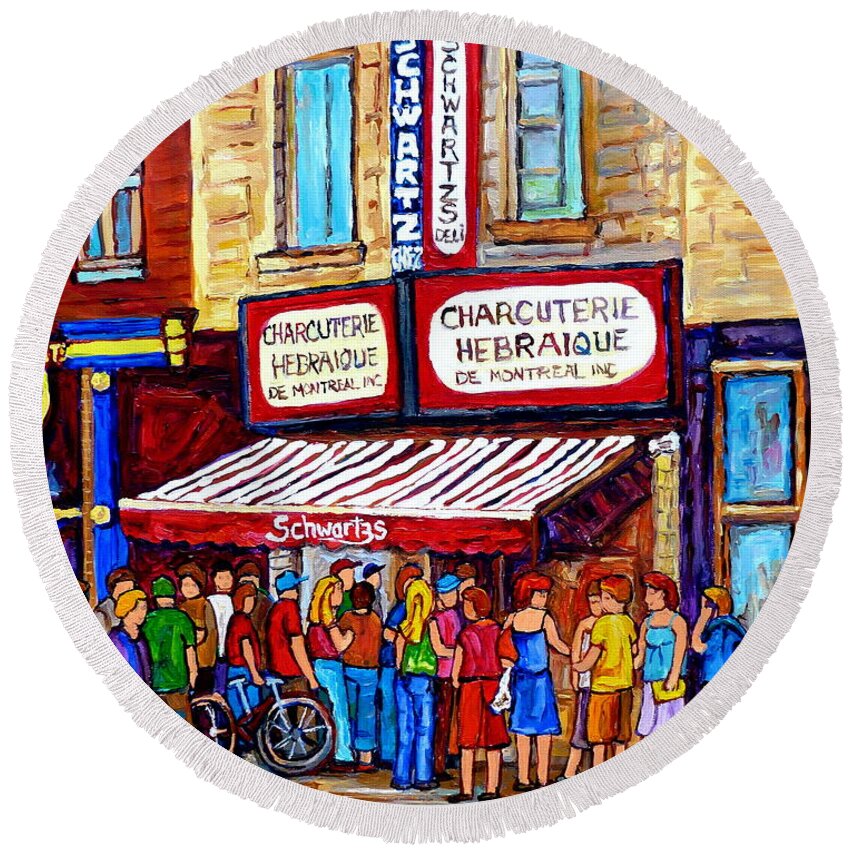 Montreal Round Beach Towel featuring the painting Charcuterie Hebraique Schwartz Line Up Waiting For Smoked Meat Montreal Paintings Carole Spandau   by Carole Spandau