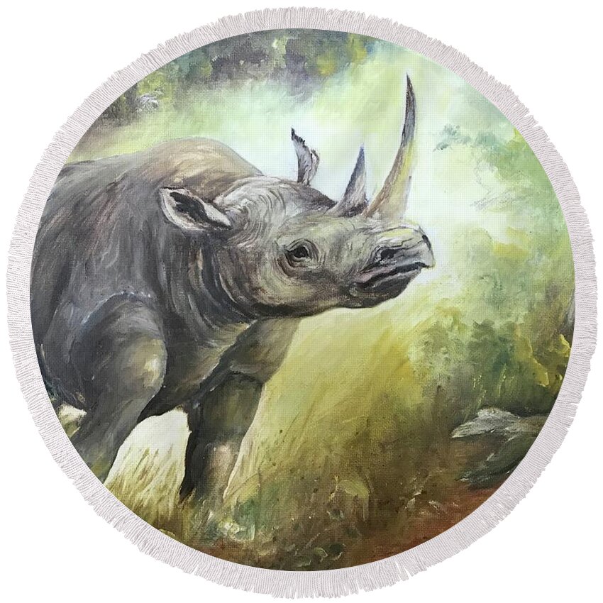 Rhino Round Beach Towel featuring the painting Charging Rhino by ML McCormick