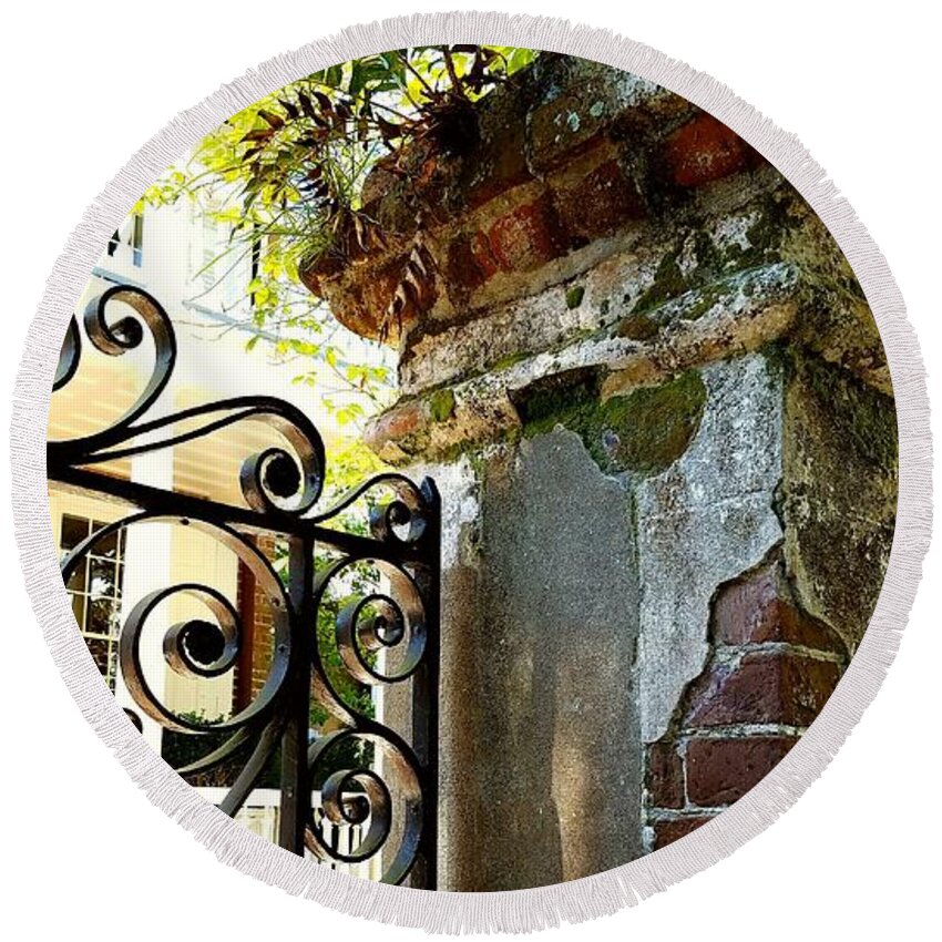 Wrought Iron Round Beach Towel featuring the photograph Charleston Gate by Amy Regenbogen