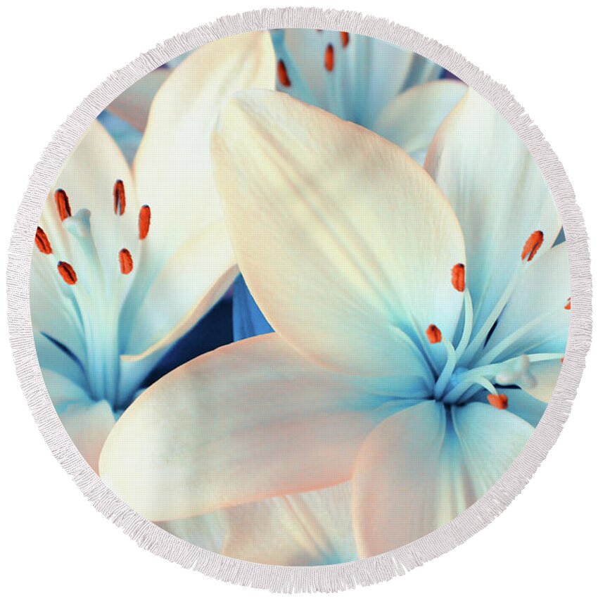 Lily Round Beach Towel featuring the photograph Charming Elegance by Iryna Goodall