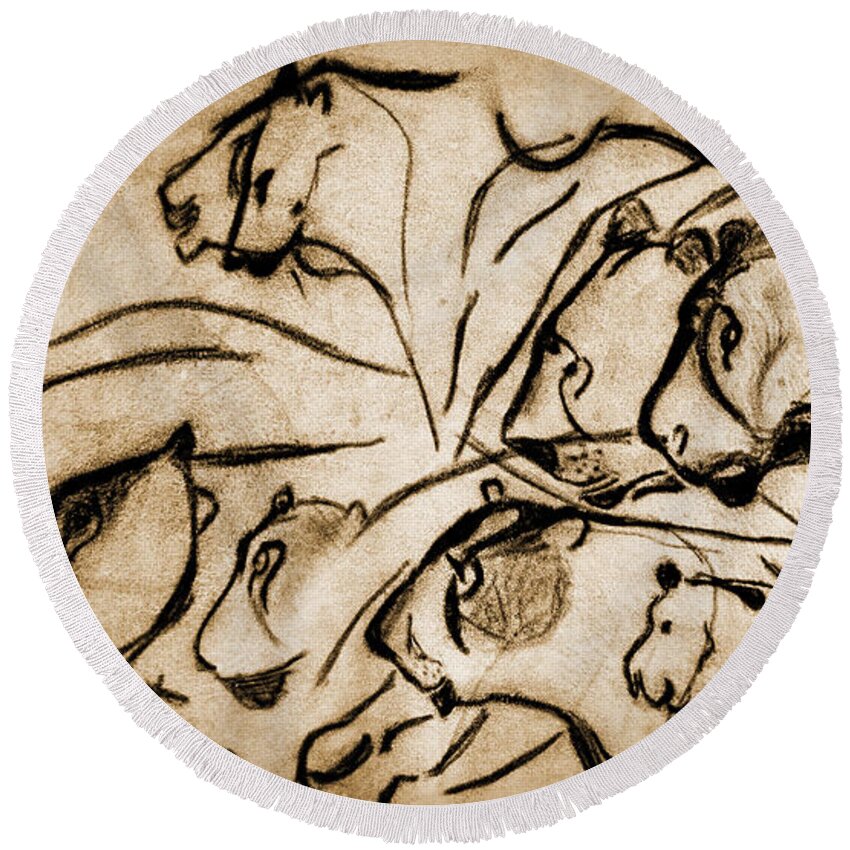 Chauvet Cave Lions Round Beach Towel featuring the photograph Chauvet Cave Lions Burned Leather by Weston Westmoreland
