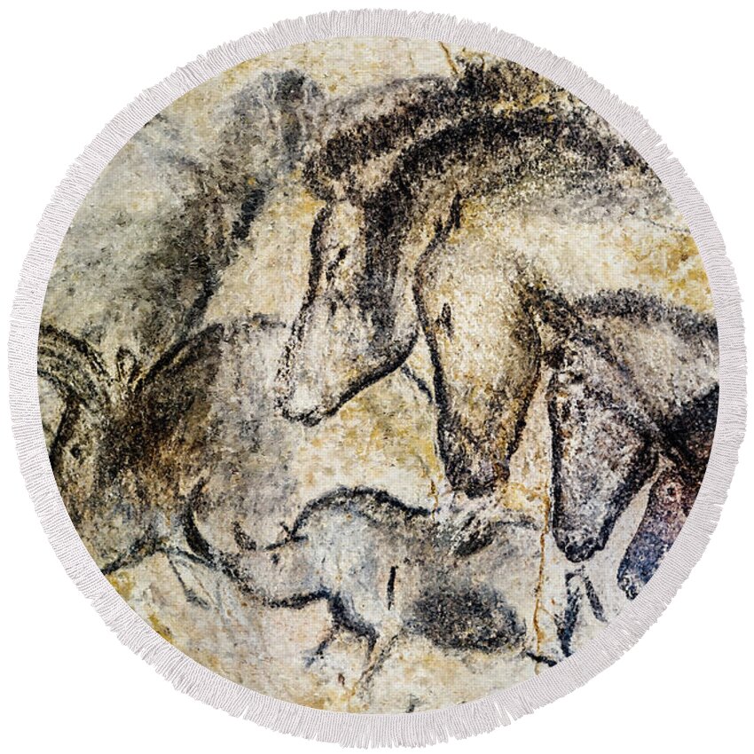 Chauvet Horse Round Beach Towel featuring the photograph Chauvet Horses Aurochs and Rhinoceros by Weston Westmoreland