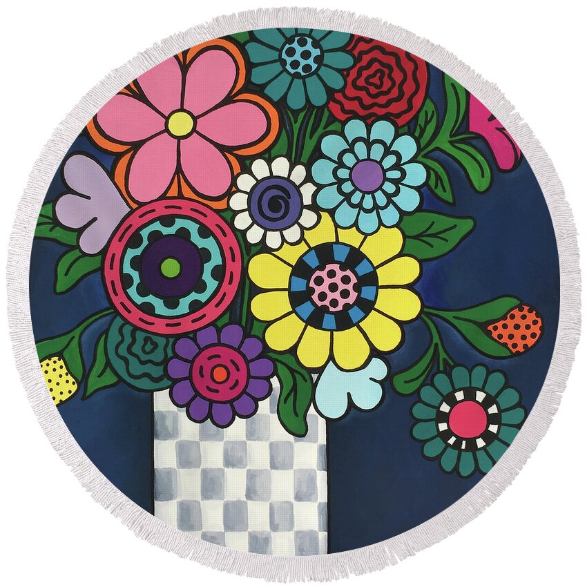 Flowers Round Beach Towel featuring the painting Checkered Bouquet by Beth Ann Scott