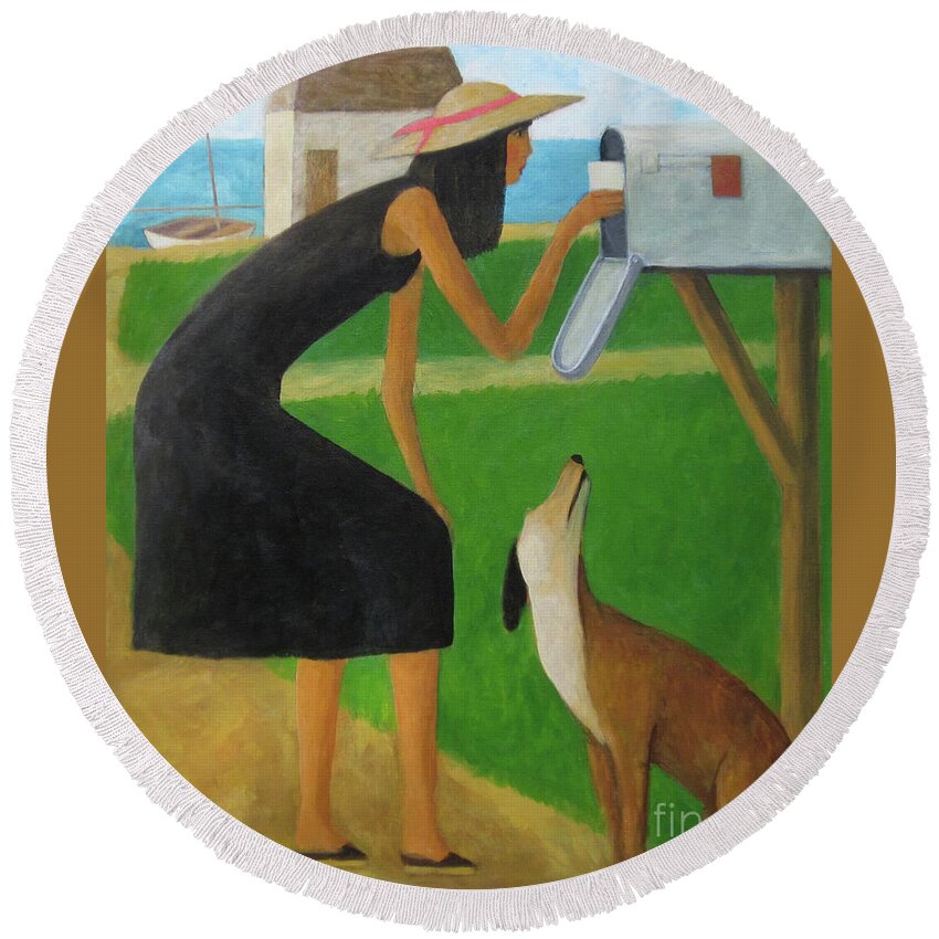 Mailbox. Beach. Dog Round Beach Towel featuring the painting Checking The Box by Glenn Quist