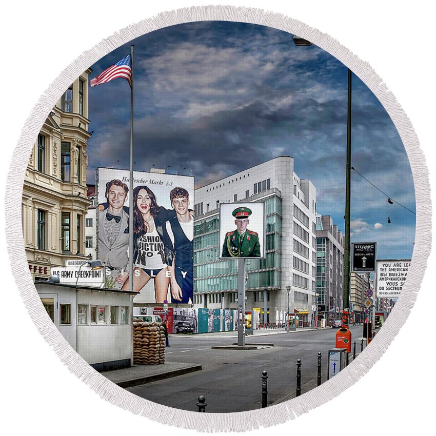 Endre Round Beach Towel featuring the photograph Checkpoint Charlie In 2011 by Endre Balogh