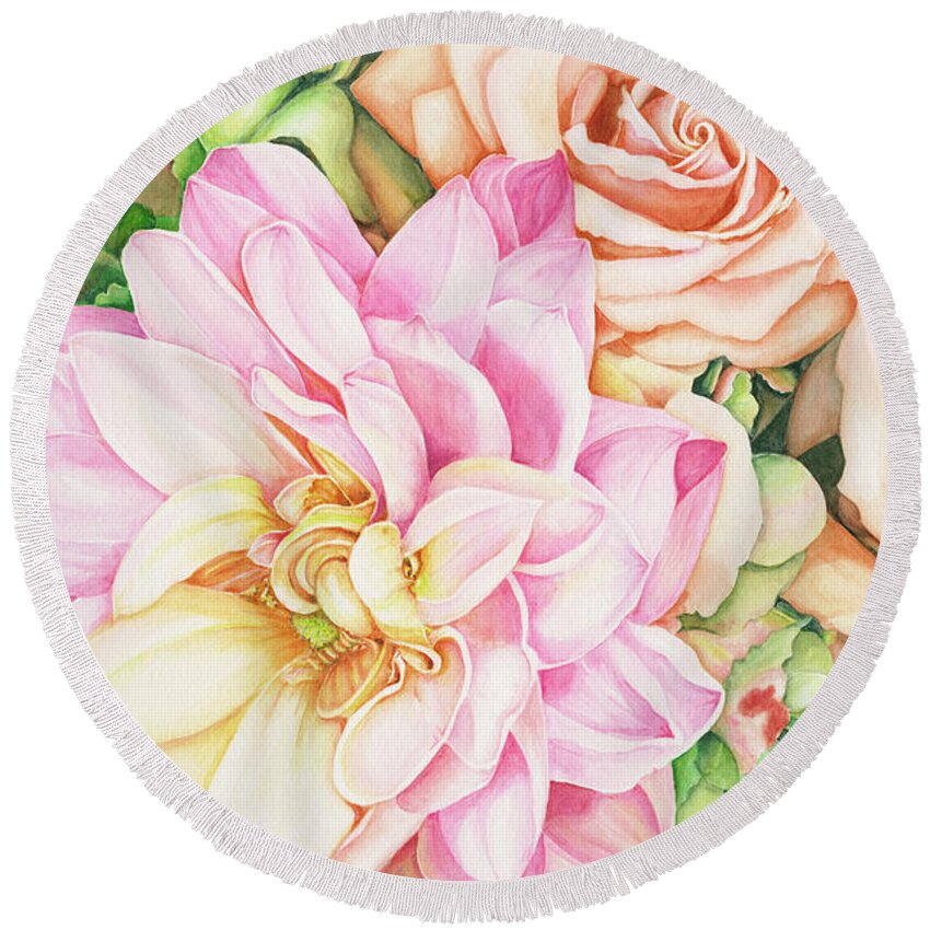 Rose Round Beach Towel featuring the painting Chelsea's Bouquet by Lori Taylor