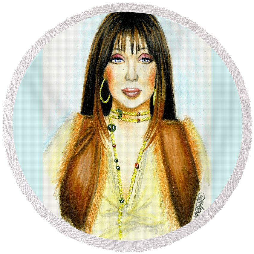 Woman Round Beach Towel featuring the drawing Cher by Scarlett Royale