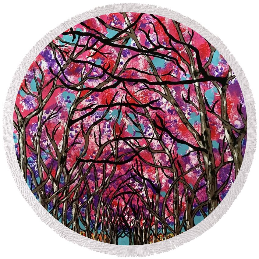 Wall Art Round Beach Towel featuring the painting Cherry Blossom Lane Painting Greeting Card by Jeffrey Koss
