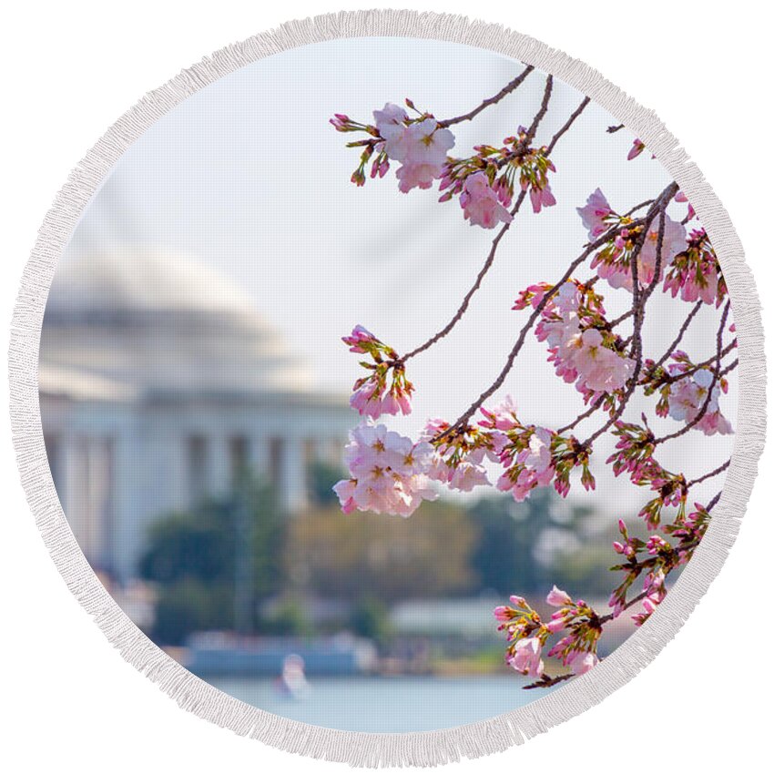 Cherry Blossom Festival Round Beach Towel featuring the photograph Cherry Blossoms and Jefferson Memorial by SR Green