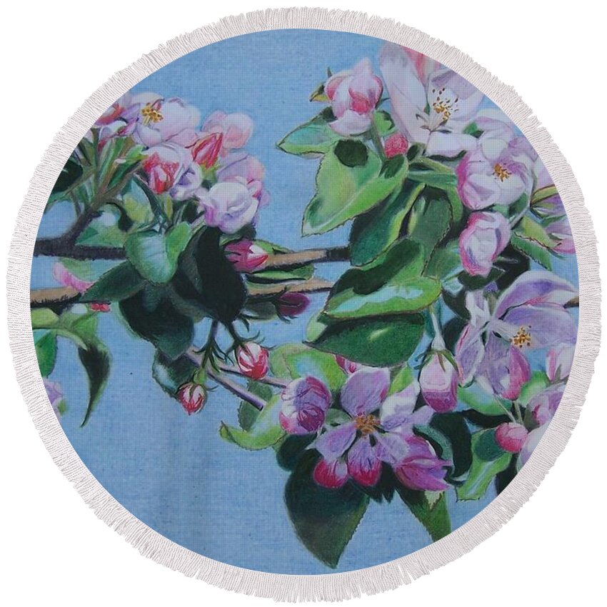 Landscape Round Beach Towel featuring the mixed media Cherry blossoms by Constance Drescher