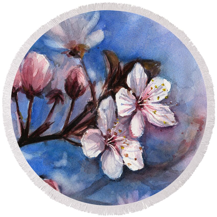 Spring Round Beach Towel featuring the painting Cherry Blossoms by Olga Shvartsur