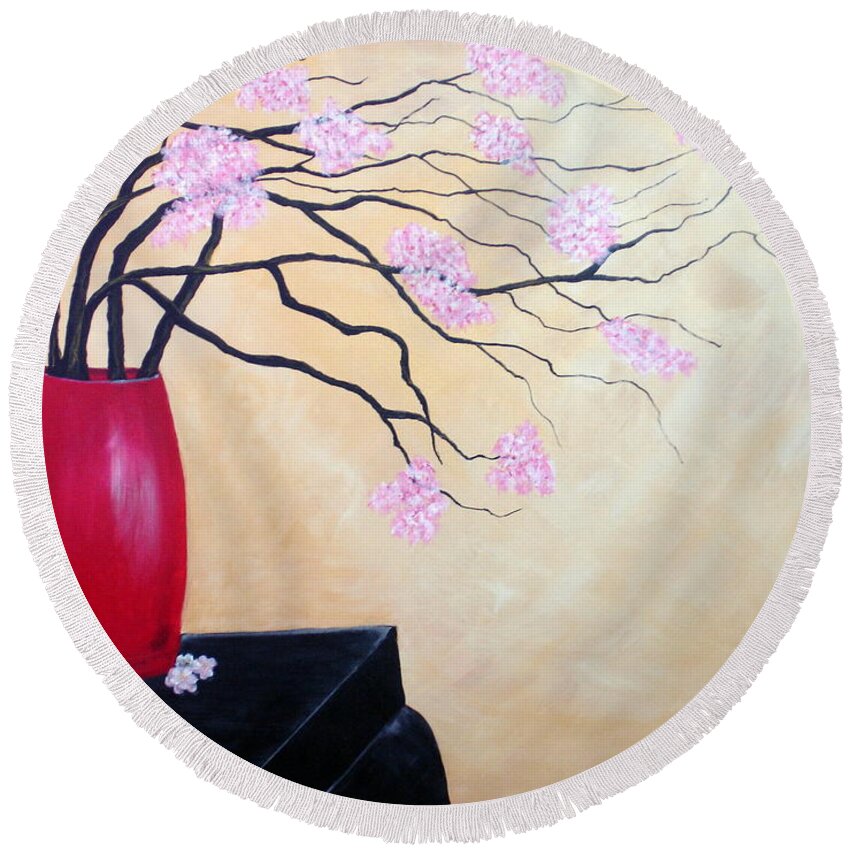 Oriental Round Beach Towel featuring the painting Cherry Blossoms by Susan Kubes