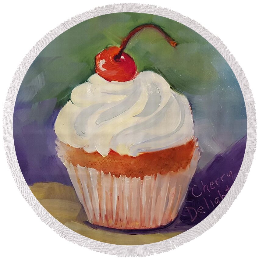 Cherry Delight Cupcake Round Beach Towel featuring the painting Cherry Delight Cupcake by Judy Fischer Walton