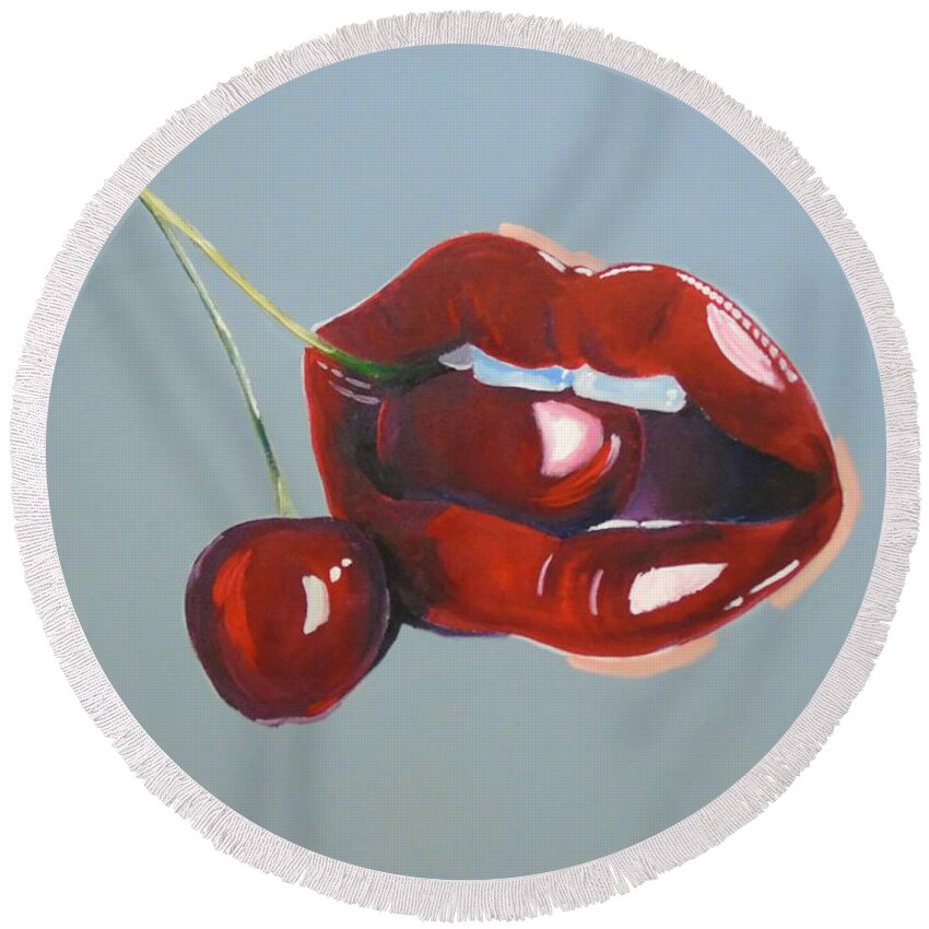 Decorative Art Round Beach Towel featuring the painting Cherry Lips by Terence R Rogers