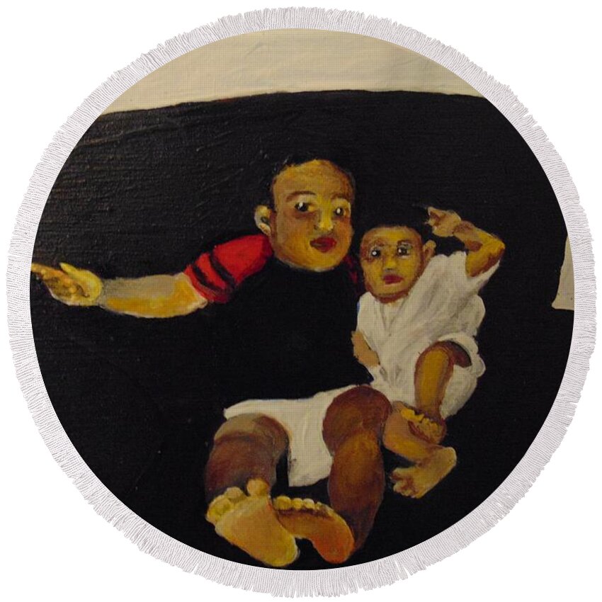 Babies Round Beach Towel featuring the painting Cherubs by Saundra Johnson