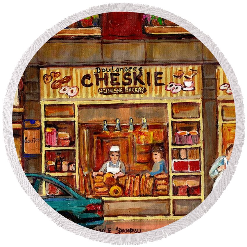Montreal Round Beach Towel featuring the painting Cheskies Hamishe Bakery by Carole Spandau