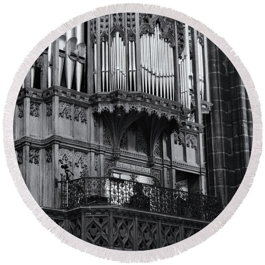 Chester Round Beach Towel featuring the photograph Chester Cathedral Organ Momochrome by Jeff Townsend