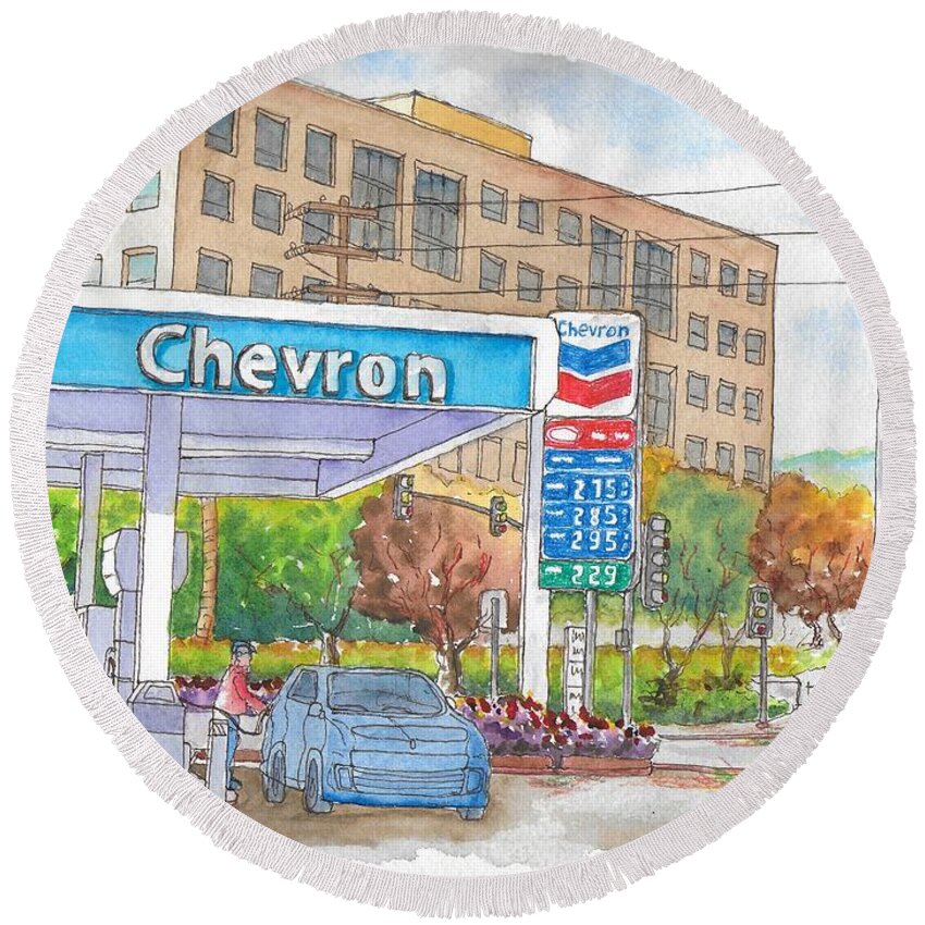 Chevron Gasoline Station Round Beach Towel featuring the painting Chevron Gasoline Station in Olive and Buena Vista, Burbank, California by Carlos G Groppa