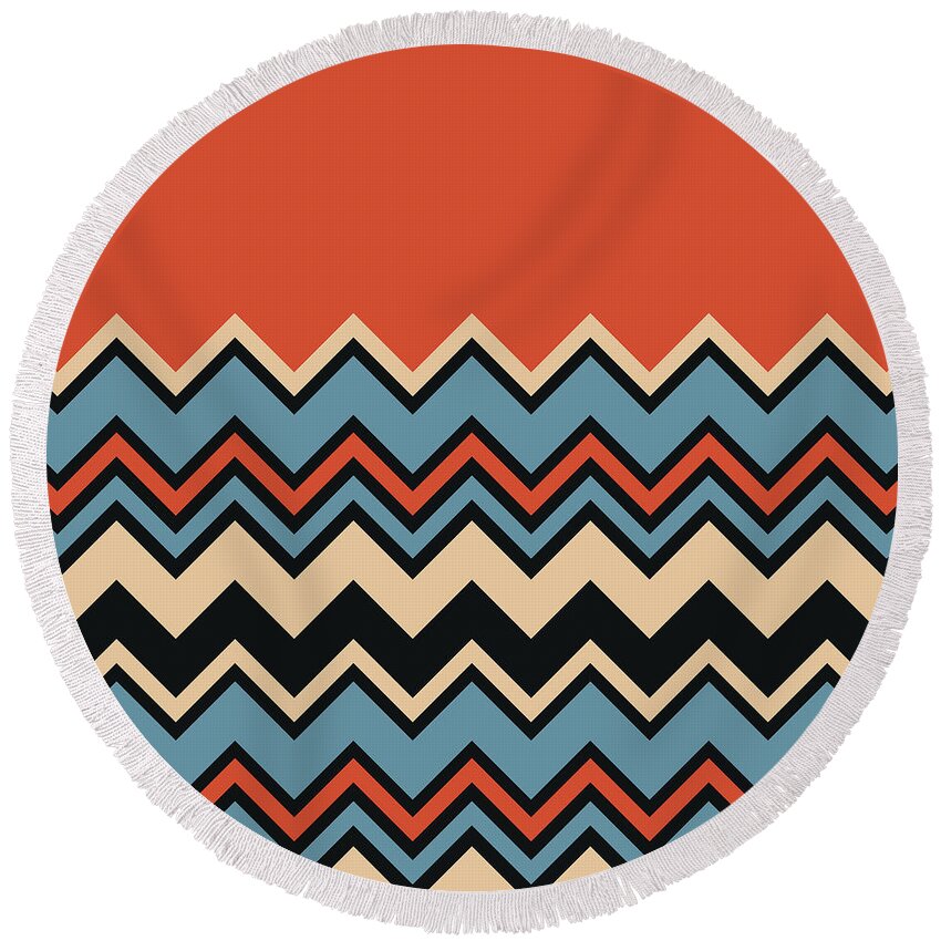 Orange Round Beach Towel featuring the digital art Chevron Orange Blue Beige Black Zigzag Pattern by Beverly Claire Kaiya