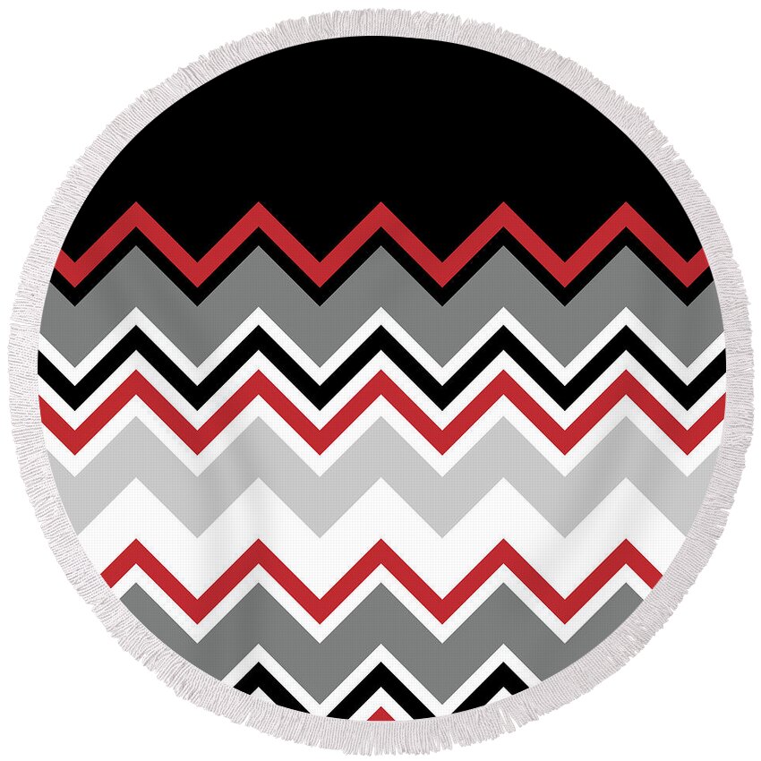 Red Round Beach Towel featuring the digital art Chevron Red Grey Black White Zigzag Pattern by Beverly Claire Kaiya