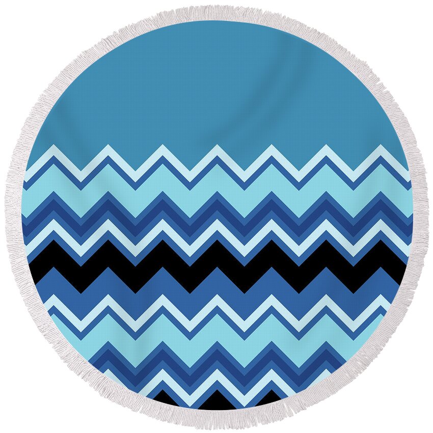 Blue Round Beach Towel featuring the digital art Chevron Summer Cobalt Sapphire Blue Black Zigzag Pattern by Beverly Claire Kaiya