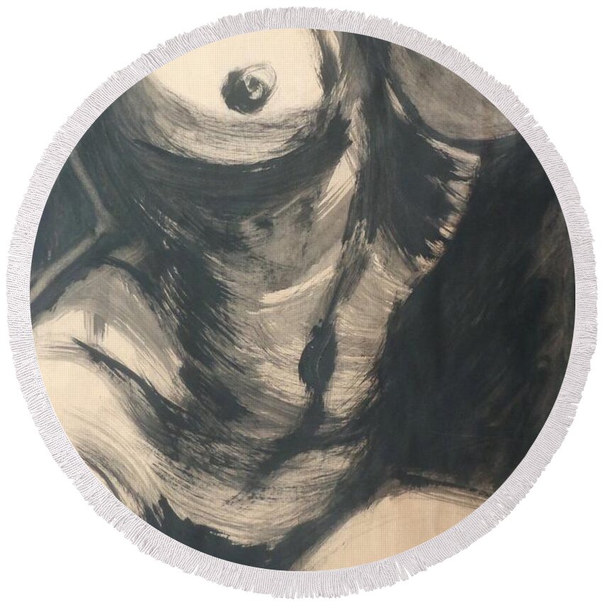 Black Acrylic Round Beach Towel featuring the painting Chiaroscuro Torso - Female Nude by Carmen Tyrrell