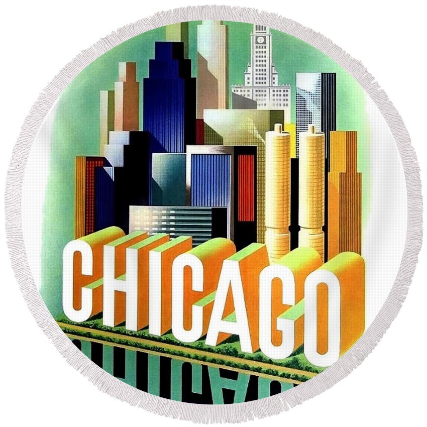 Chicago Round Beach Towel featuring the painting Chicago, big city, skyscrapers, travel poster by Long Shot