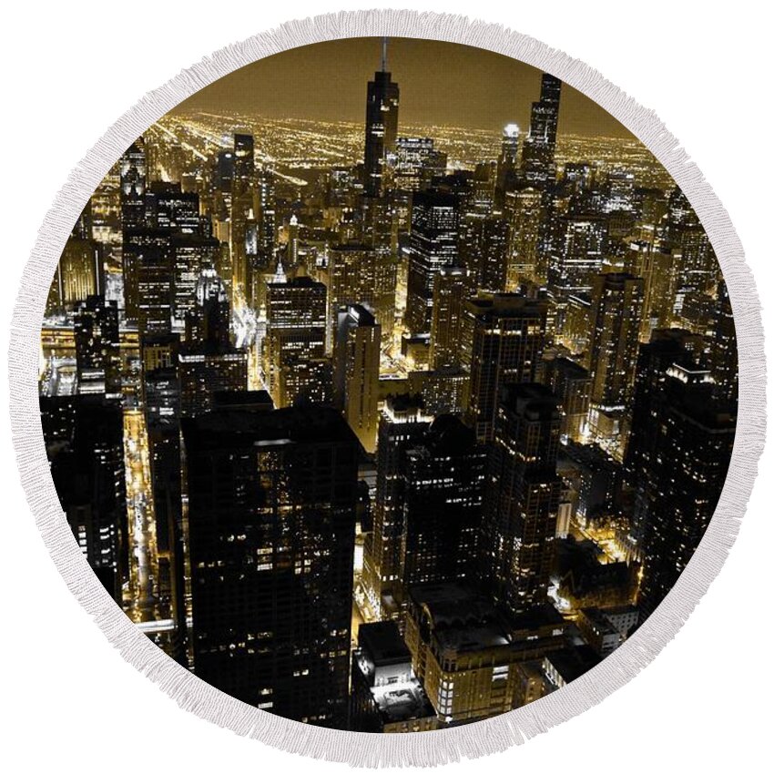 Chicago Round Beach Towel featuring the photograph Chicago Black and Yellow Skyline by Debra Banks