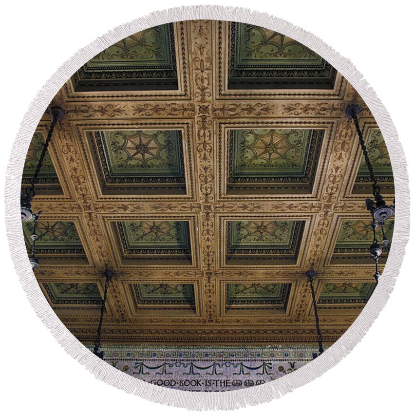 Chicago Cultural Center Round Beach Towel featuring the photograph Chicago Cultural Center Staircase Ceiling by Thomas Woolworth