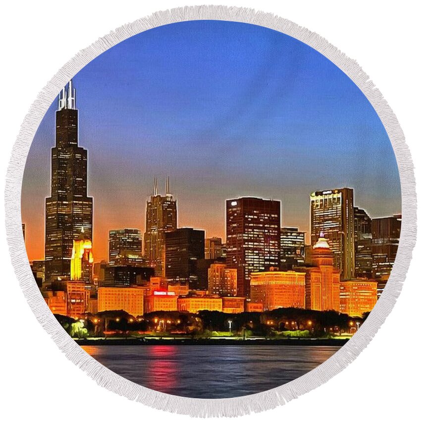 Chicago Round Beach Towel featuring the digital art Chicago Dusk by Charmaine Zoe