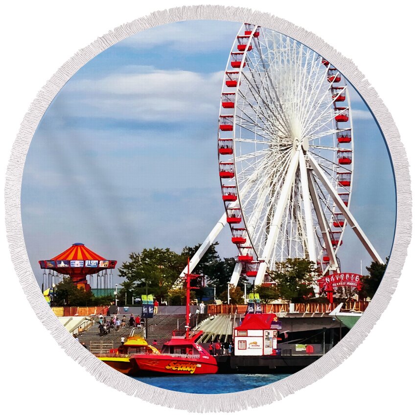 Chicago Round Beach Towel featuring the photograph Chicago IL - Ferris Wheel at Navy Pier by Susan Savad
