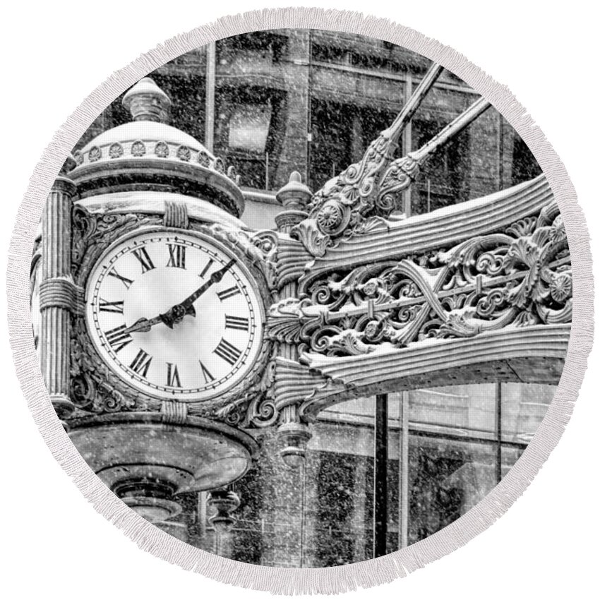 Chicago Round Beach Towel featuring the photograph Chicago Marshall Field State Street Clock Black and White by Christopher Arndt