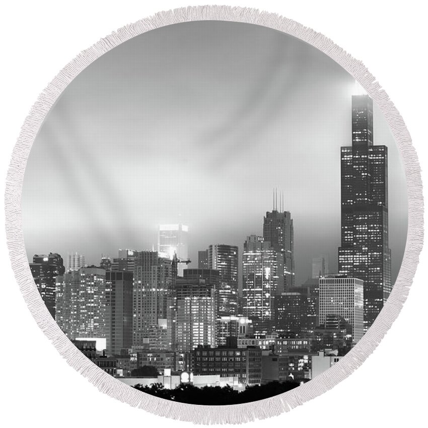 America Round Beach Towel featuring the photograph Chicago Skyline Black and White - Illinois - USA by Gregory Ballos